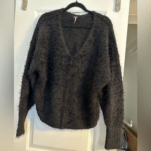 Free People Oversized Black V-Neck Fuzzy Sweater - M
